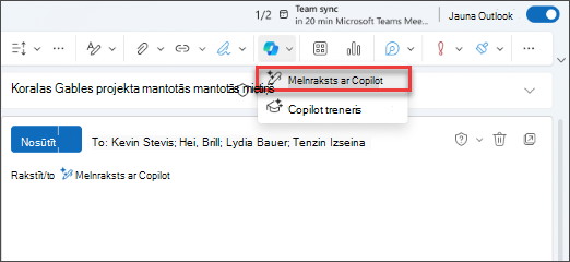 Melnraksts ar Copilot nolaižamās izvēlnes opciju programmā Jauns Outlook