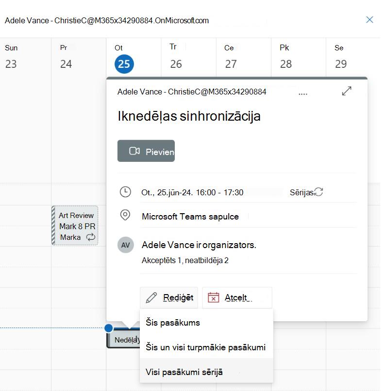 Ekrānuzņēmums, kurā redzamas pasākumu sērijas rediģēšana