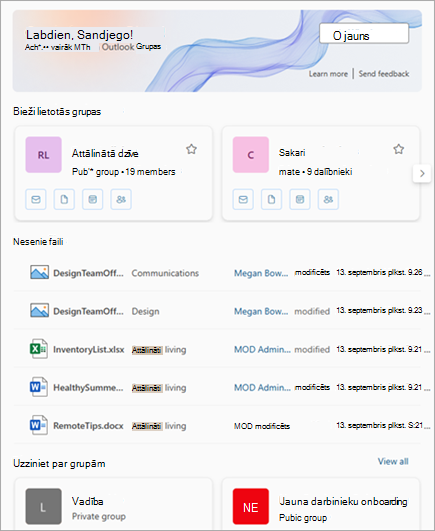 Bieži izmantotajām grupām un pēdējiem failiem var piekļūt no Groups līdzekļiem programmā Outlook.