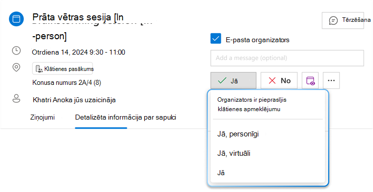 Attēlā redzama hibrīda RSVP izvēlnes poga Jā ar izvērstu nolaižamo izvēlni, kur var redzēt trīs dažādas opcijas: Jā, personīgi, Jā, virtuāli un Jā.