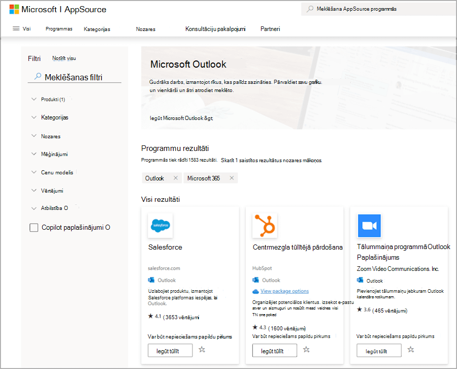 Microsoft Outlook pievienojumprogrammas programmā AppSource