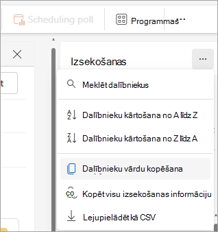 Ekrānuzņēmums ar izsekošanas rūti jaunā programmā Outlook, kurā redzamas nolaižamās opcijas dalībnieku saraksta kopēšanai