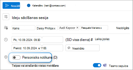 Ieslēdziet klātienes pasākuma slēdzi, lai adresātiem parādītu informāciju par sapulces norisi klātienē.