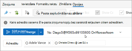 Sāciet pasta sapludināšanu ar adresātiem. Katrs adresāts saņems atsevišķu e-pasta ziņojuma kopiju bez citu adresātu saraksta.