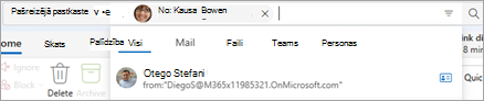 Ievadiet tekstu meklēšanas joslā, lai atklātu meklēšanas tvēruma ieteikumus, piemēram, All, Mail, Files, Teams un People.