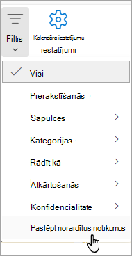 Ekrānuzņēmums ar filtru pakalpojumā Calendar, kur nolaižamajā izvēlnē paslēpt noraidītos notikumus
