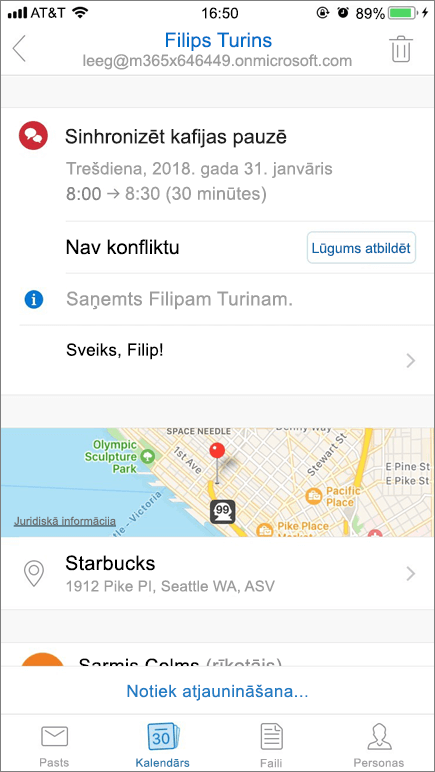 Ekrānuzņēmumā redzams mobilās ierīces ekrāns ar kalendāra uzaicinājuma vienumu.