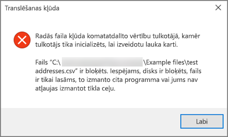 Šis ir kļūdas ziņojums, kas tiek parādīts, ja .csv failā ir nepareizi formatēti dati.