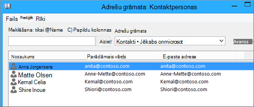 Kontaktpersonu importēšanas no Google Gmail uz Office 365, tās būs redzamas adrešu grāmatā: Kontaktpersonas
