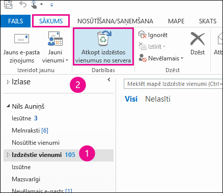 Atlasiet mapi Izdzēstie vienumi un noklikšķiniet uz Atkopt vienumus no servera