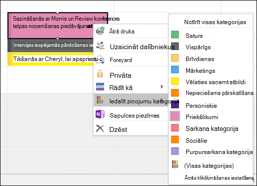 Ar peles labo pogu varat noklikšķināt uz tikšanās un piešķirt kategoriju.