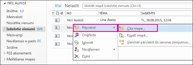 Noklikšķiniet uz Pārvietot un pēc tam uz Cita mape