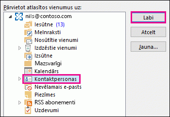 Pārvietot kontaktpersonu uz mapi Kontaktpersonas