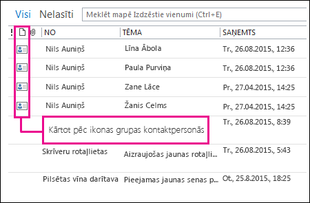 Kārtojiet pēc ikonas, lai kontaktpersonas grupētu mapē Izdzēstie vienumi