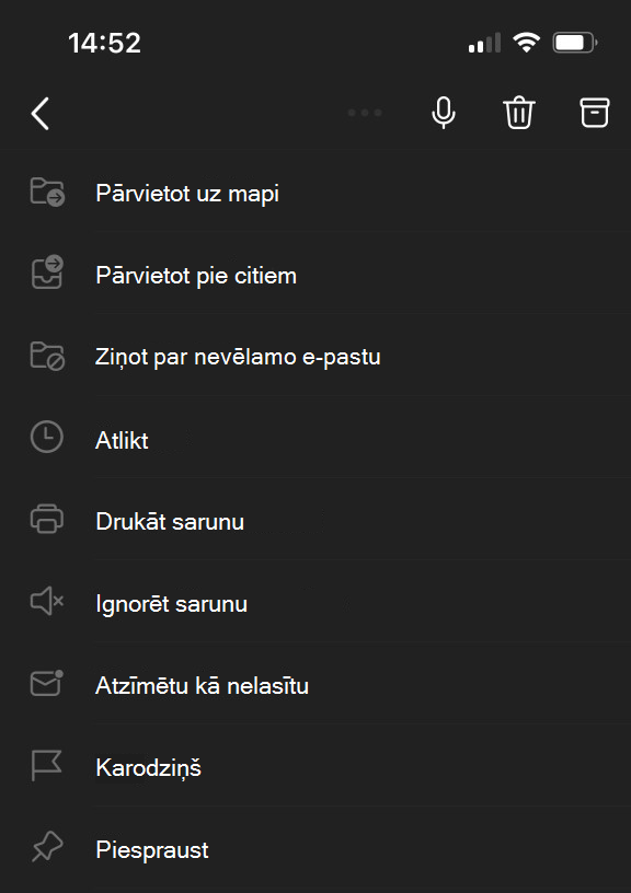 Elipses izvēlne ekrāna augšdaļā programmā Outlook Mobile