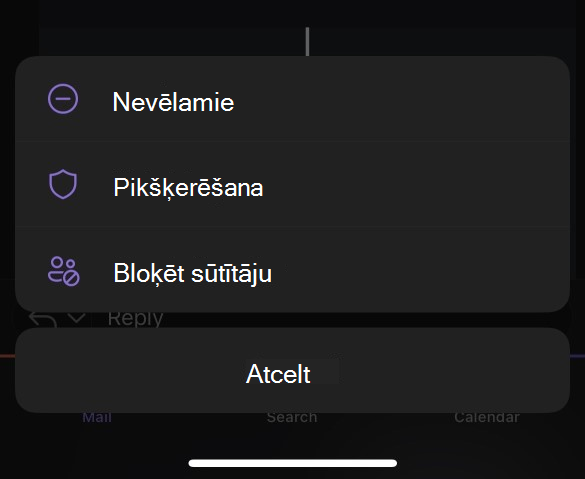 Apakšizvēlne Nevēlamais e-pasts programmā Outlook Mobile