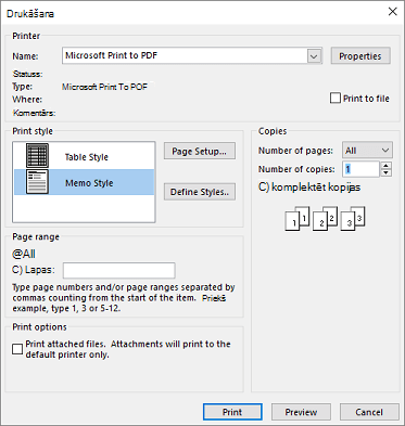 Outlook drukāšanas dialoglodziņa printera opcijas