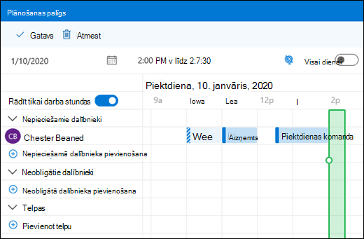 Plānošanas asistents, kurā redzami apvienotie kalendāra notikumi
