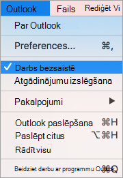 Parāda Outlook izvēlnē atlasītu opciju Strādāt bezsaistē.
