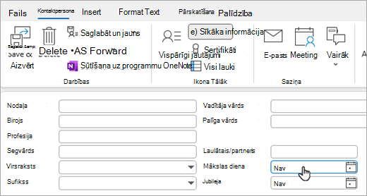 Kontaktpersonas vizītkartes, lai pievienotu dzimšanas dienu vai jubileju, ekrānuzņēmums