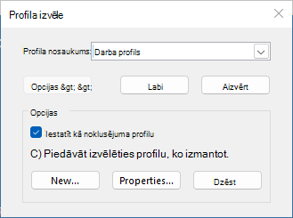 Profila izvēles dialoglodziņš ar jaunā profila nosaukumu. Ir atlasīta opcija Iestatīt profilu kā noklusējumu.