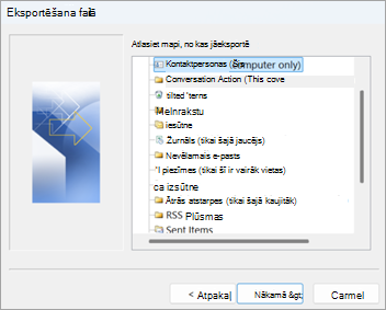 Ekrānuzņēmums klasiskajā programmā Outlook ar eksportēšanai atlasītām kontaktpersonām (tikai šajā datorā)