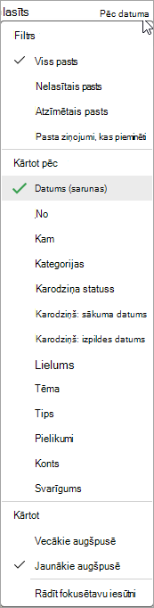 Ziņojumu kārtošanas nolaižamā saraksta ekrānuzņēmums
