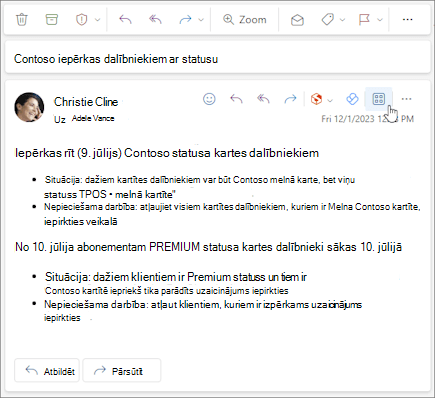 Programmu ikona ziņojuma darbību joslā programmā Outlook tīmeklī un jaunajā programmā Outlook darbam ar Windows.