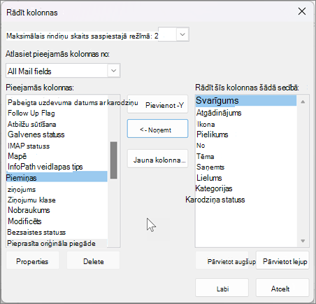 Kolonnu skatīšanas iestatījumi programmā Outlook