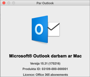 Ja programmu Outlook izmantojat ar pakalpojuma Office 365 starpniecību, lodziņā Par Outlook ir norāde 