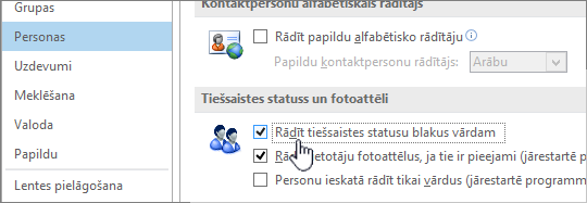 Cilne People dialogā Opcijas ar iezīmētu opciju Rādīt tiešsaistes statusu