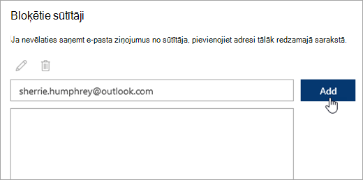 Ekrānuzņēmums ar lodziņu Bloķētie sūtītāji