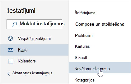 Ekrānuzņēmums, kurā attēlota izvēlne Iestatījumi ar atlasītu nevēlamo e-pastu