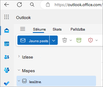 Ekrānuzņēmums, kurā redzama Outlook tīmeklī sākumlapa
