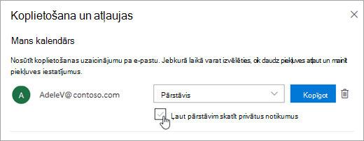 Ekrānuzņēmums ar izvēles rūtiņu Ļaut pārstāvim skatīt privātus notikumus