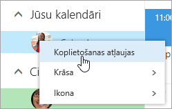 Ekrānuzņēmums ar jūsu kalendāra kontekstizvēlni, kurā atlasītas koplietošanas atļaujas.