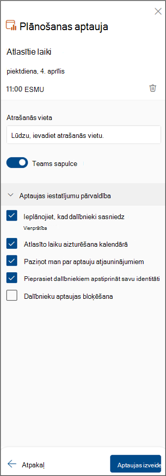Ekrānuzņēmums, kurā redzamas aptaujas nākamās darbības plānošana