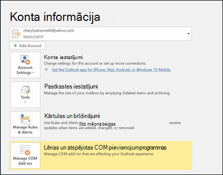 Ekrānuzņēmums, kurā redzama poga Automātiskās atbildes, izmantojiet kārtulas, lai nosūtītu ziņojuma par atrašanos ārpus biroja.