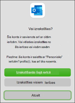 Ierīces izrakstīšanās opcija programmā Outlook darbam ar Mac