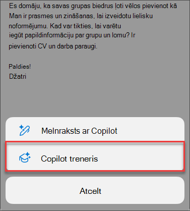Izvēlnes opcija Coaching izmantojot Copilot programmā Outlook mobilajām ierīcēm