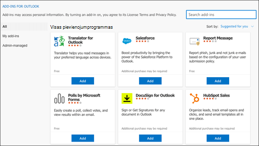 Dialoglodziņš Outlook pievienojumprogrammas programmā Outlook darbam ar Mac