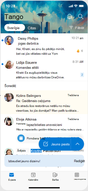 Ekrāns, kurā redzams, kā dizains izskatās, kad tas tiek lietots programmā Outlook Mobile