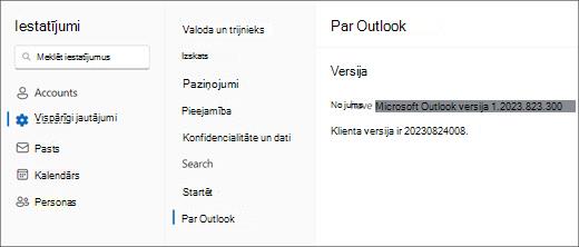 Attēls ar jauno Outlook darbam ar Windows versiju, kurā iezīmētas opcijas Vispārīgi un Par Outlook.