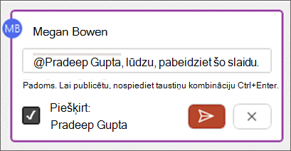 Ekrānuzņēmums, kurā redzama izvēles rūtiņa Piešķirt komentāra pamattekstā.