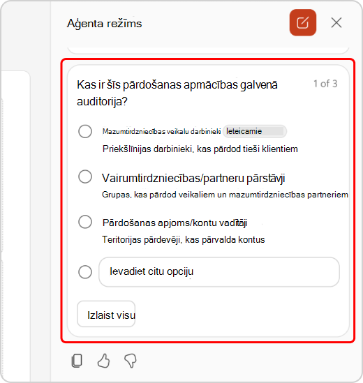 Jautājumu precizēšana aģenta režīma tērzēšanā