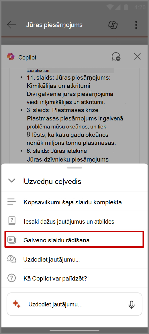 Copilot programmā PowerPoint ekrānuzņēmums Android ierīcē ar uzvedni Rādīt galvenos slaidus