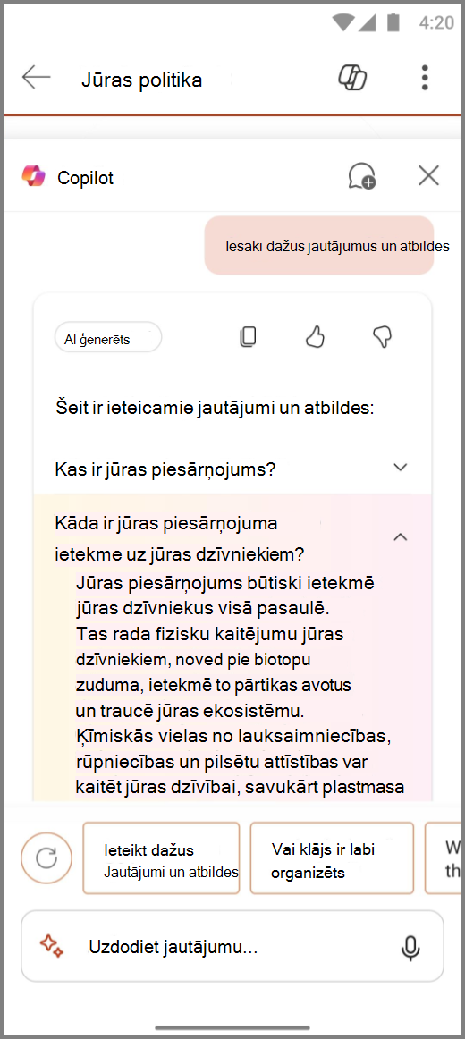 Copilot programmā PowerPoint ekrānuzņēmums Android ierīcē ar uzvednes Ieteikt dažus jautājumus&kā rezultātiem