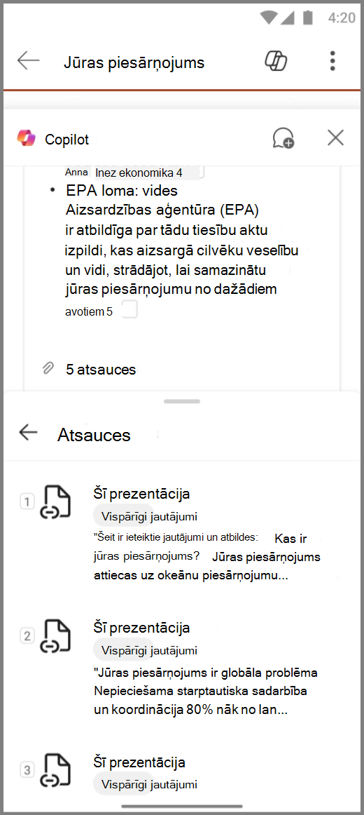 Copilot programmā PowerPoint ekrānuzņēmums Android ierīcē ar atsaucēm šīs slaidu pakas atbildes kopsavilkuma izveidei
