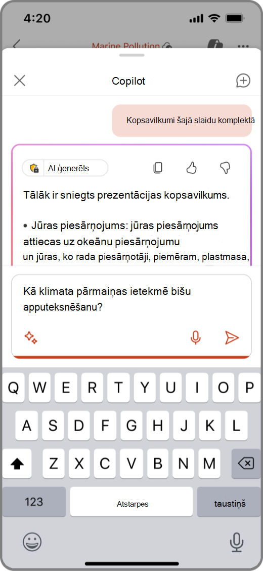Copilot programmā PowerPoint ekrānuzņēmums iOS ierīcē ar uzvedni sastādīšanas lodziņā