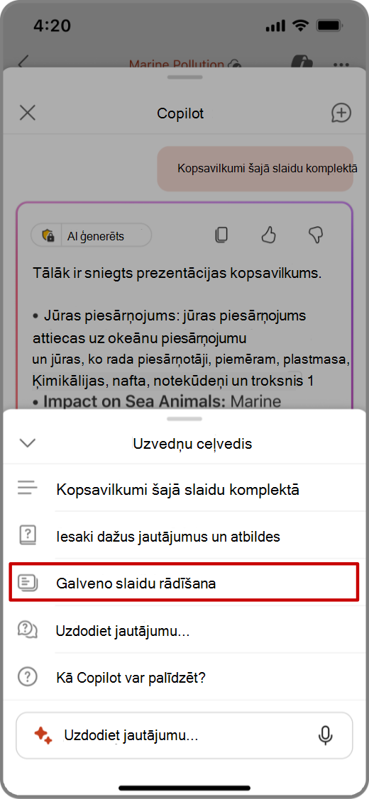 Copilot programmā PowerPoint ekrānuzņēmums iOS ierīcē ar uzvedni Rādīt galvenos slaidus